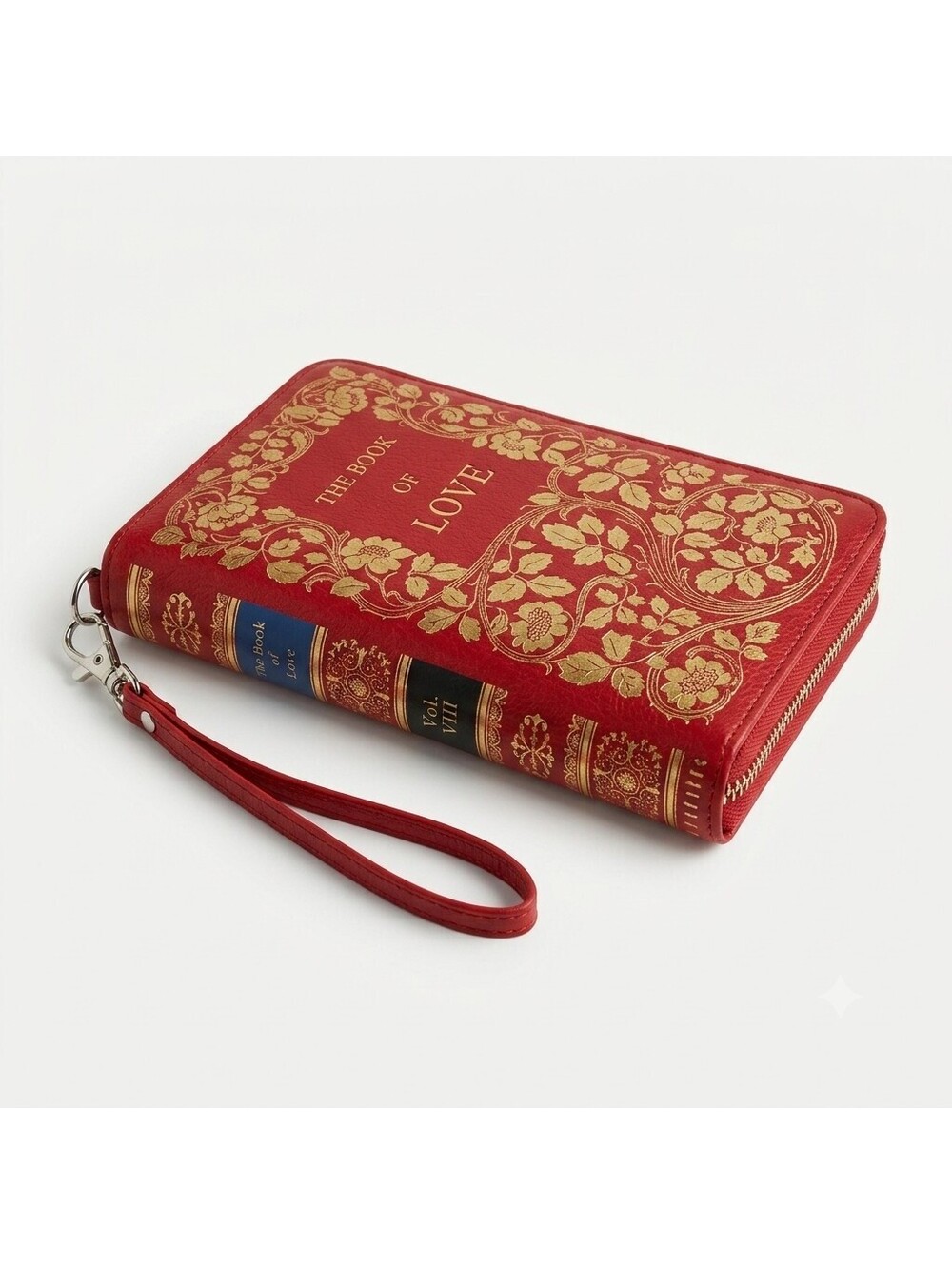 Red Floral Embossed Zipper Wallet with Wrist Strap - The Book of Love Design